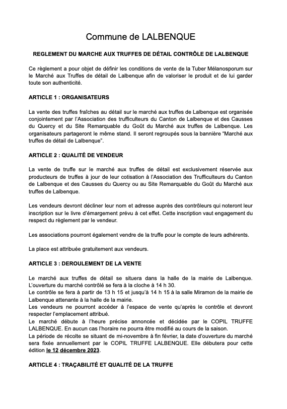 Règlement du marché aux truffes de détail contrôlé de Lalbenque (nouvelle fenêtre)